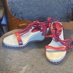 Montego Bay Club Red and White Polka Dot  tie around ankle straps Wedges